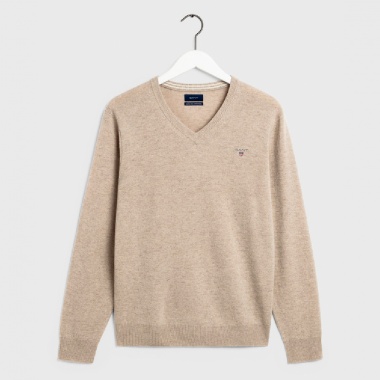 Jersey cuello pico beige lana extrafina
