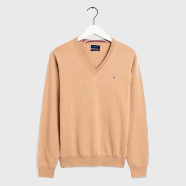Jersey cuello pico lana oveja superfina camel