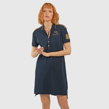 Vestido azul escudos dorados
